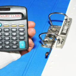 Injured arm in cast holding calculator with text Injury Claim written - Personal Injury Law Firm