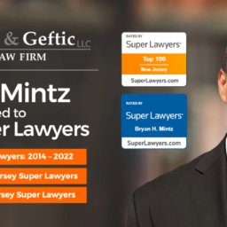 Bryan Mintz headshot with text 2022 Super Lawyers Mintz & Geftic Law Firm. It lists Top 100 Lawyers 2019 and 2020 along with Super Lawyers list 2014-2022