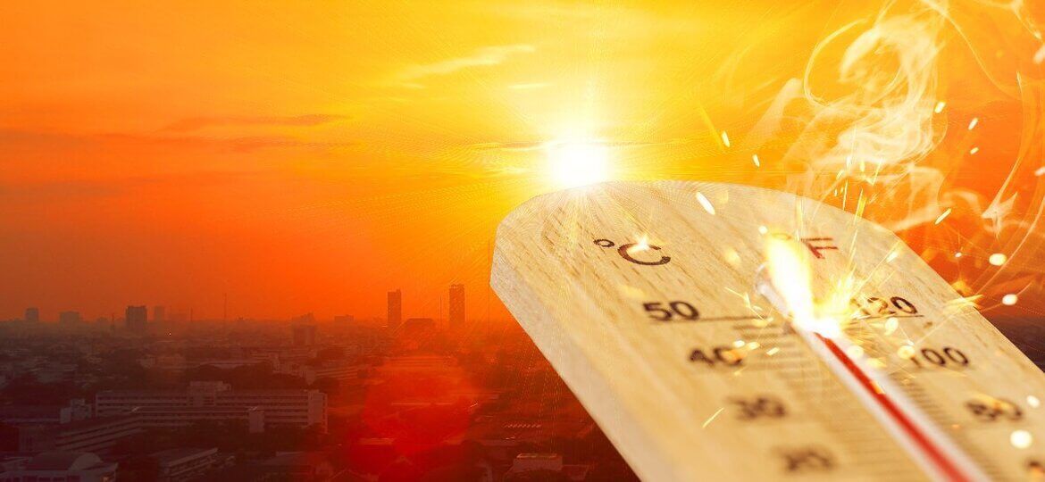 New Jersey Heat Wave - image olarge thermometer over 100 degrees with bright orange city skyline